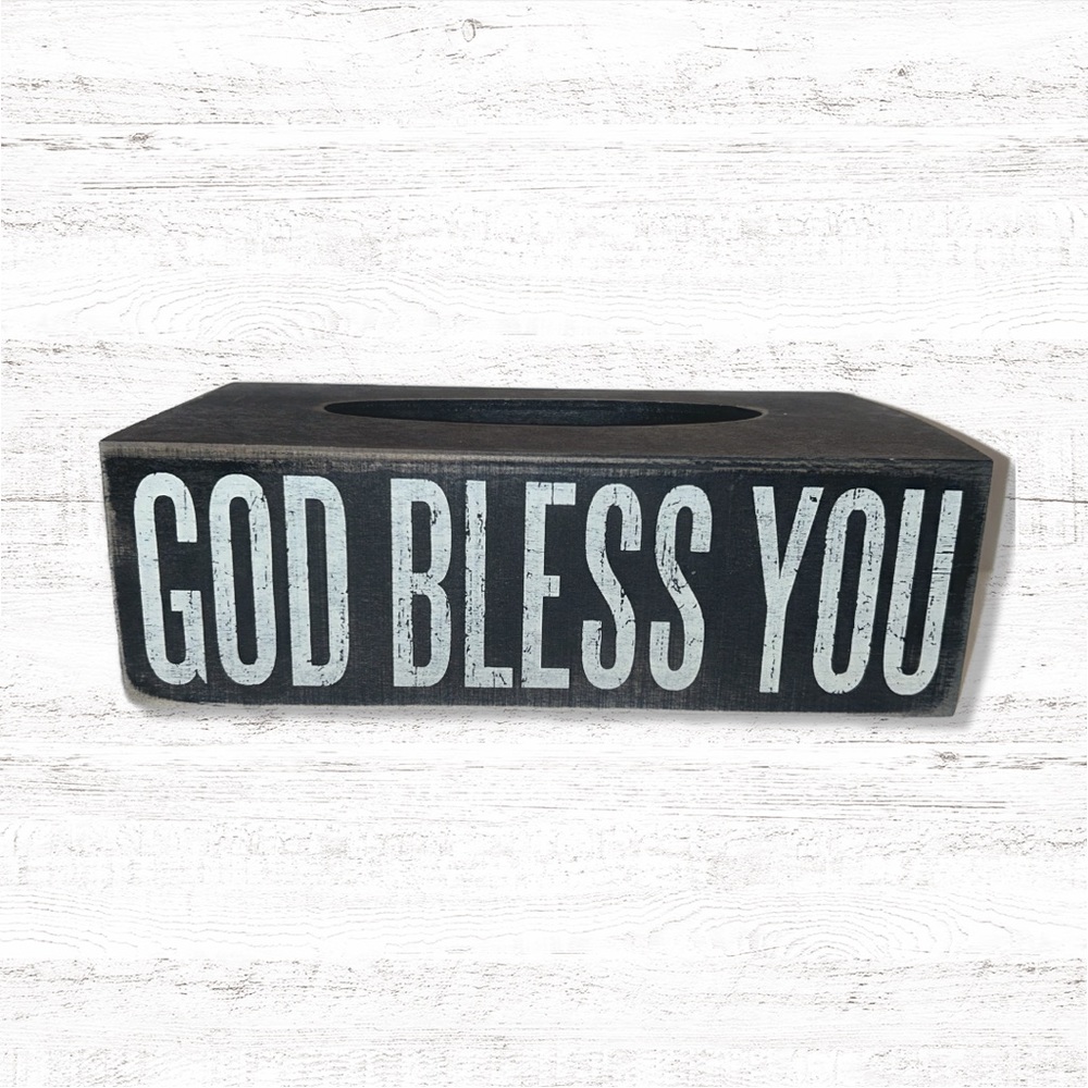God Bless You Tissue Box Cover in Black with White Letters Primitives by Kathy